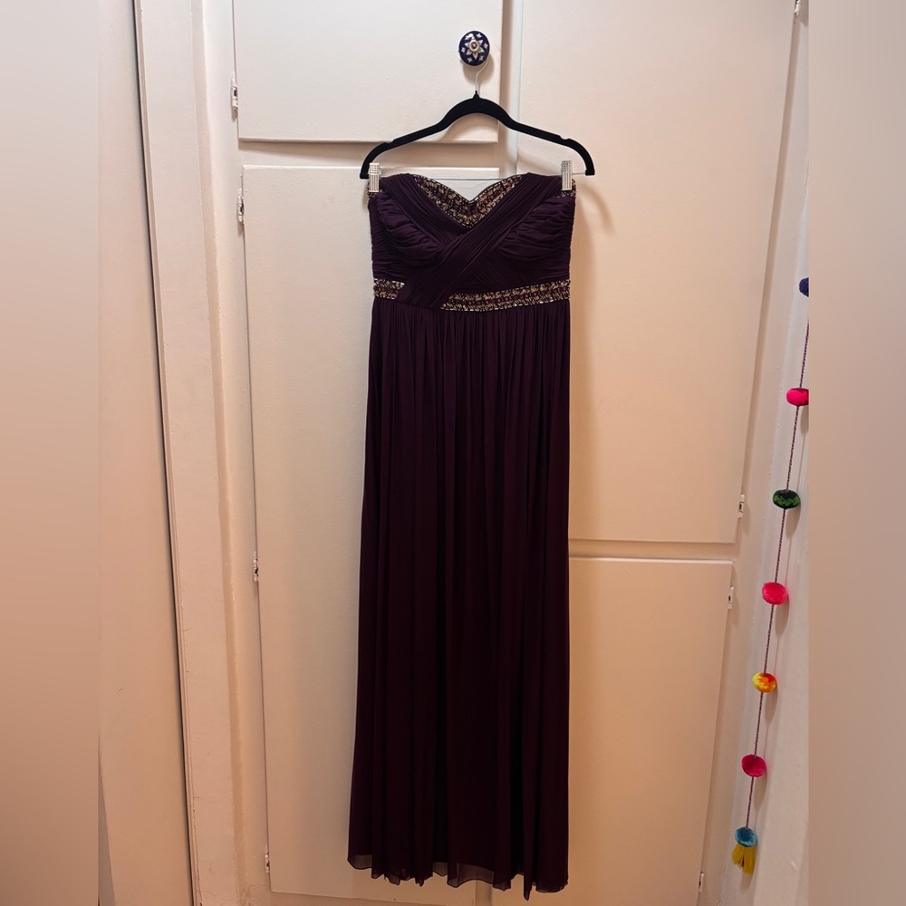 Strapless Plum Formal Gown with Beaded Waist